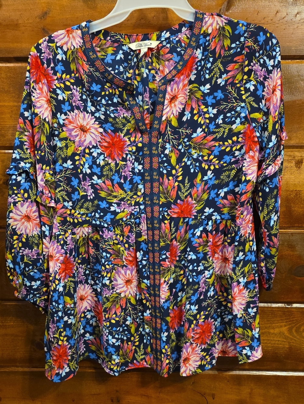 The Pioneer Woman Floral Split-Neck Peasant Top - Navy Multi